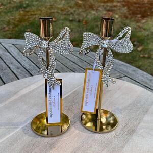 NEW Cupcakes and Cashmere Rhinestone Gold Bow Taper Candle Holders Set of 2